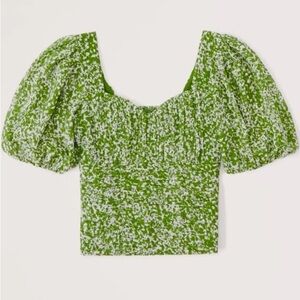 Abercrombie & Fitch Green Ruched Puff Sleeve Sweetheart Top